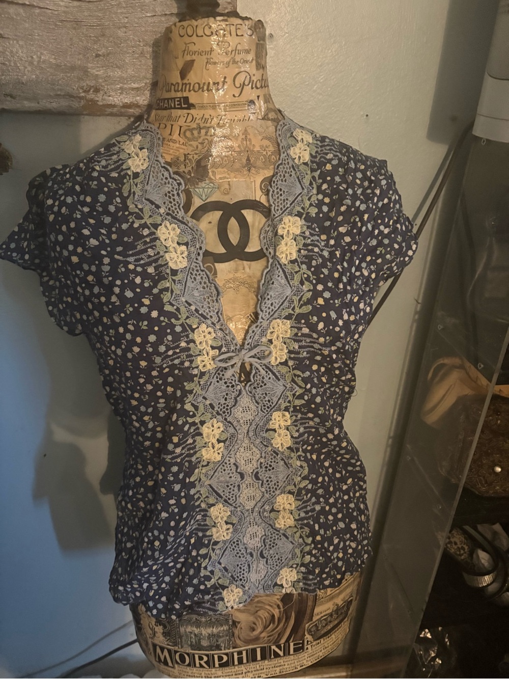 Lace-Trim Floral Navy Women’s Blouse